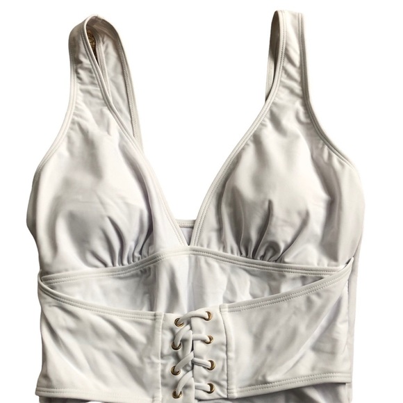 Boutique White One Piece Swimsuit Lace Up Corset Plunging Neckline S Beach Pool - Picture 4 of 5